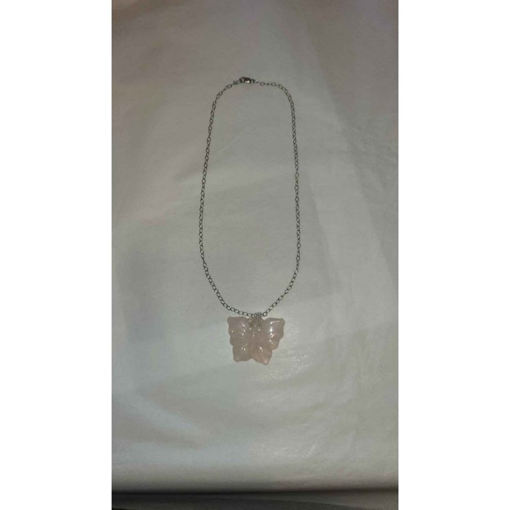 Sterling Silver Rose Quartz Butterfly Pendant  Necklace